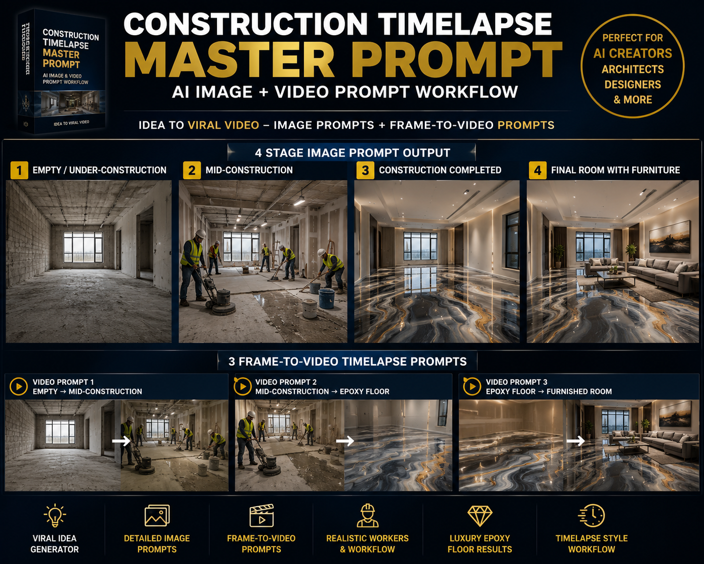 Construction Timelapse Master Prompt for AI Video Generation (Luxury Interior & Epoxy Floor Transformations)