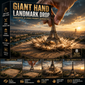 Promotional graphic for a digital video prompt generator called 'Giant Hand Landmark Drop'. The design features a dramatic cinematic scene of a giant hand holding the Eiffel Tower in Paris, with a city explosion effect and a black sidebar listing features like aerial cinematic view, iconic landmarks, and 8K ultra HD.