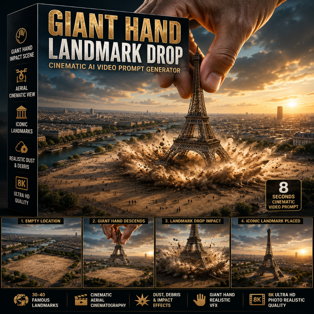Promotional graphic for a digital video prompt generator called 'Giant Hand Landmark Drop'. The design features a dramatic cinematic scene of a giant hand holding the Eiffel Tower in Paris, with a city explosion effect and a black sidebar listing features like aerial cinematic view, iconic landmarks, and 8K ultra HD.
