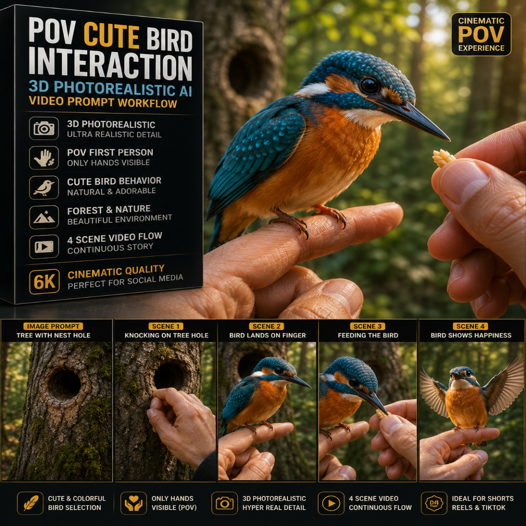POV Cute Bird Interaction Master Prompt – 3D Photorealistic AI Video Workflow