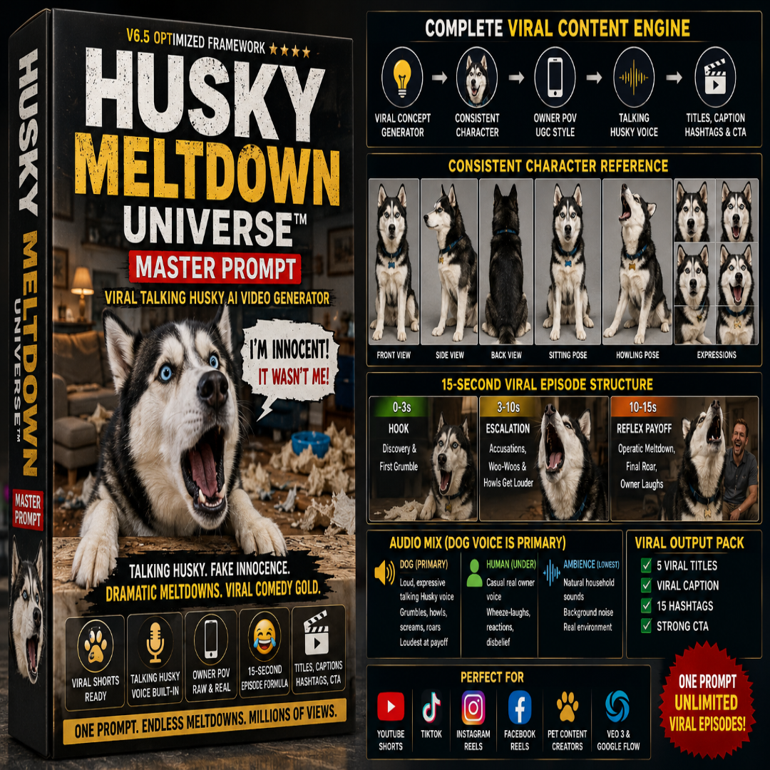 Husky Meltdown Universe™ Master Prompt – Viral Talking Husky AI Video Generator