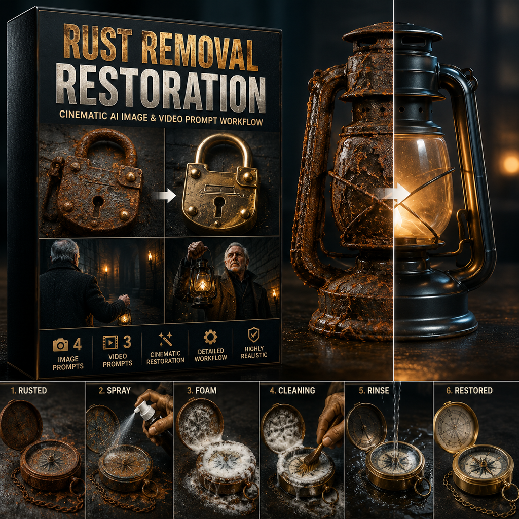 Rust Removal Restoration Master Prompt – Cinematic AI Image & Video Workflow for Google Flow & Veo 3